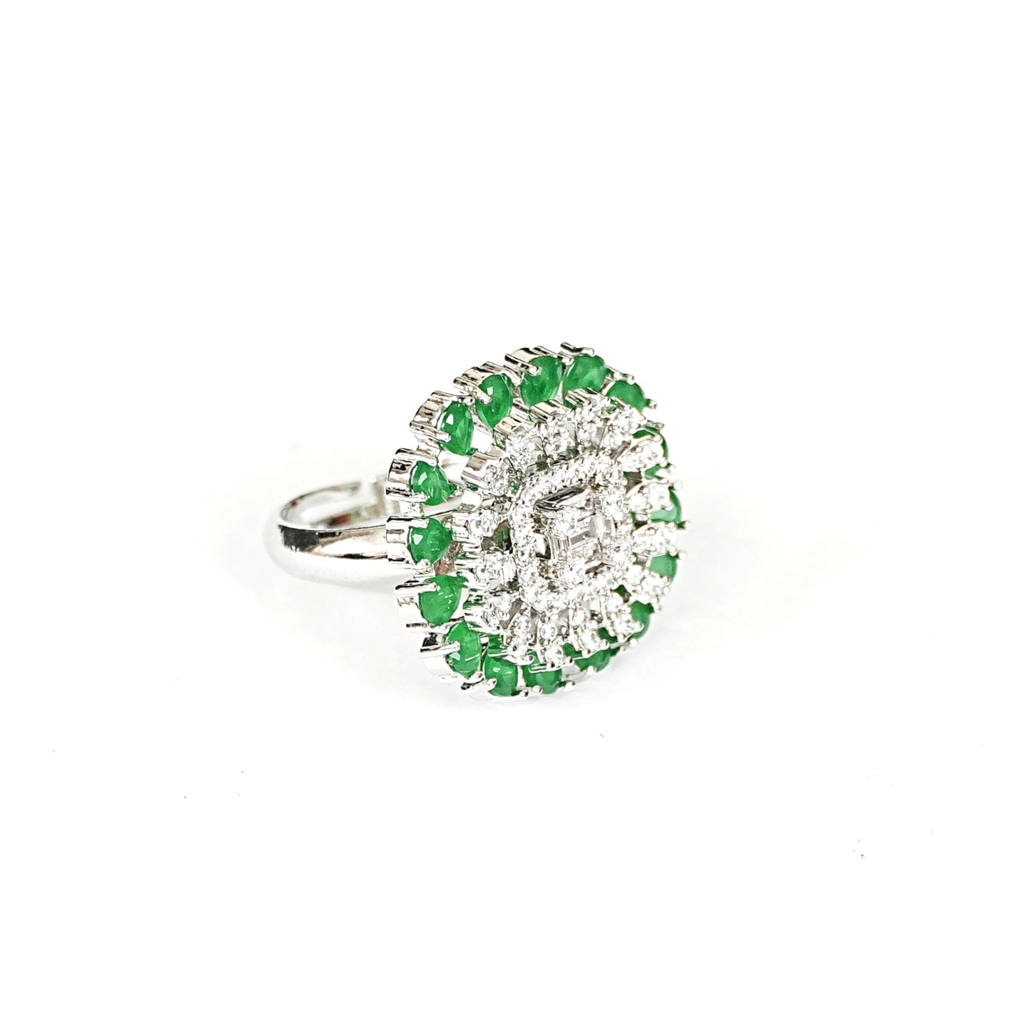 Sterling Silver Green Gemstone Cocktail Ring – Women’s Adjustable with CZ Accents