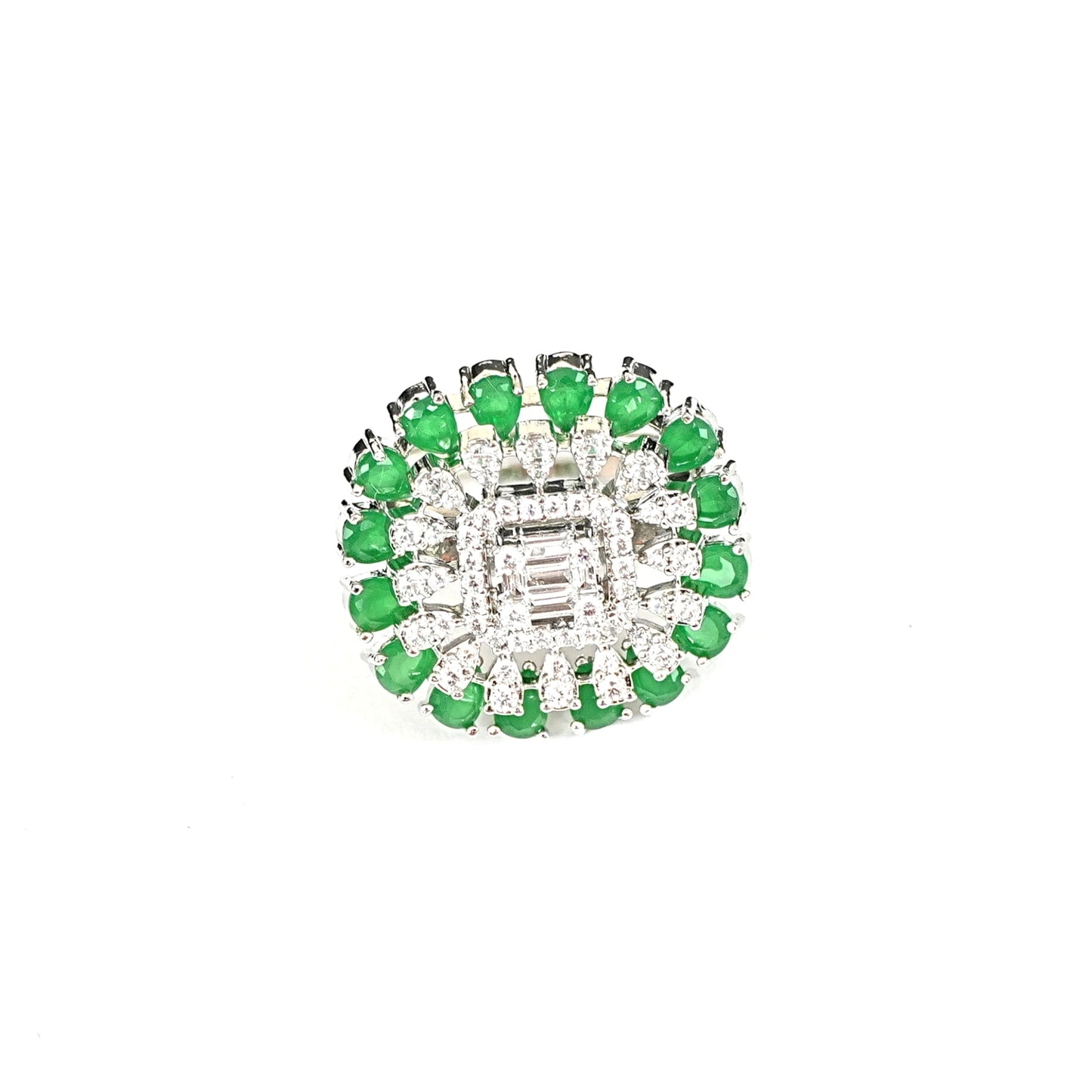 Sterling Silver Green Gemstone Cocktail Ring – Women’s Adjustable with CZ Accents