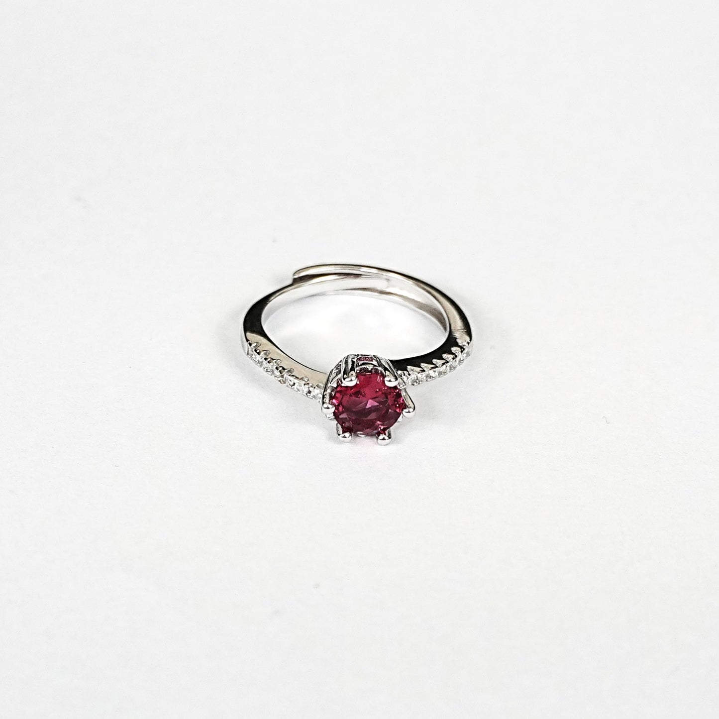 Sterling Silver Ruby Ring – Women’s Adjustable with CZ Accents