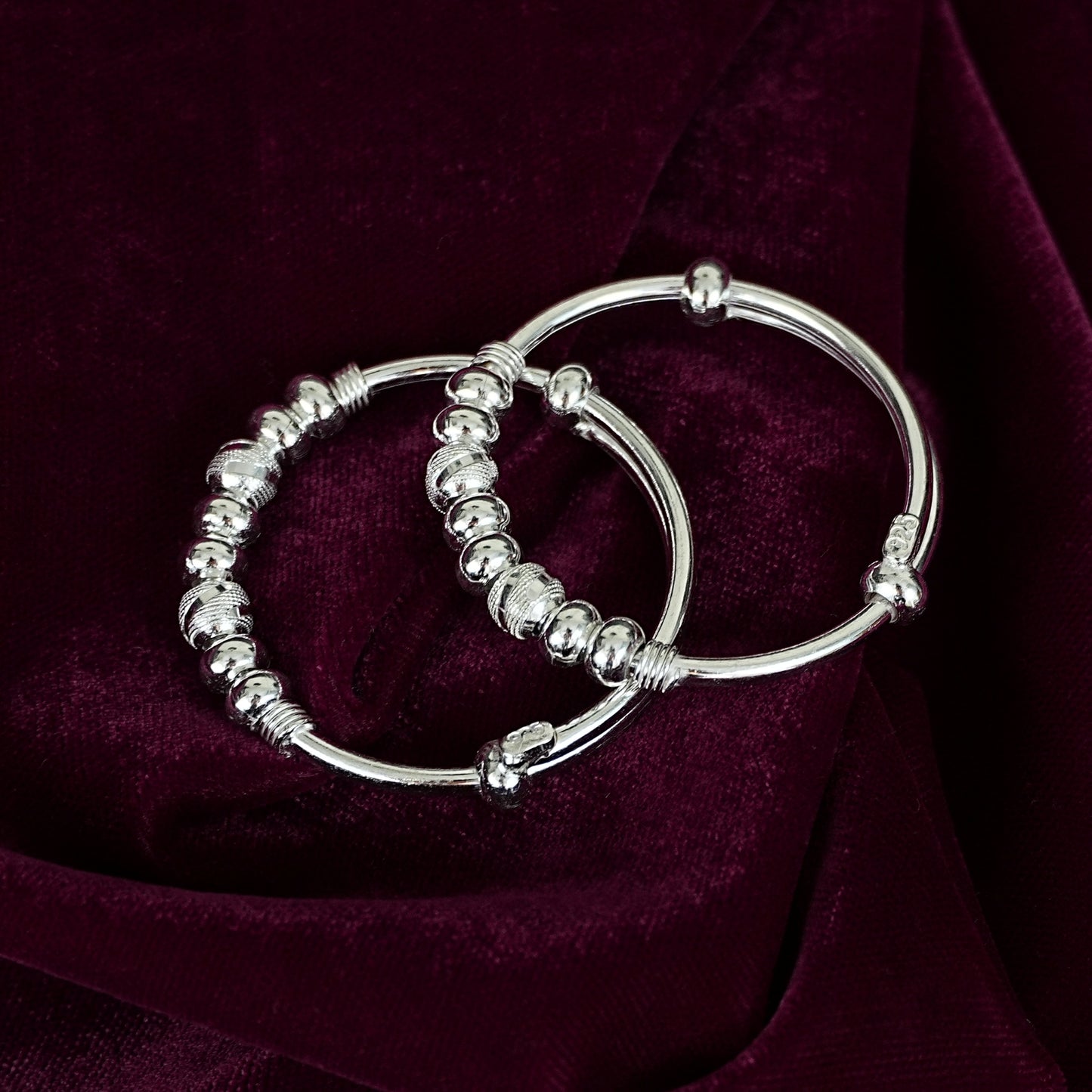 Sterling Silver Kids Kada Pair – Beaded Hoop Design