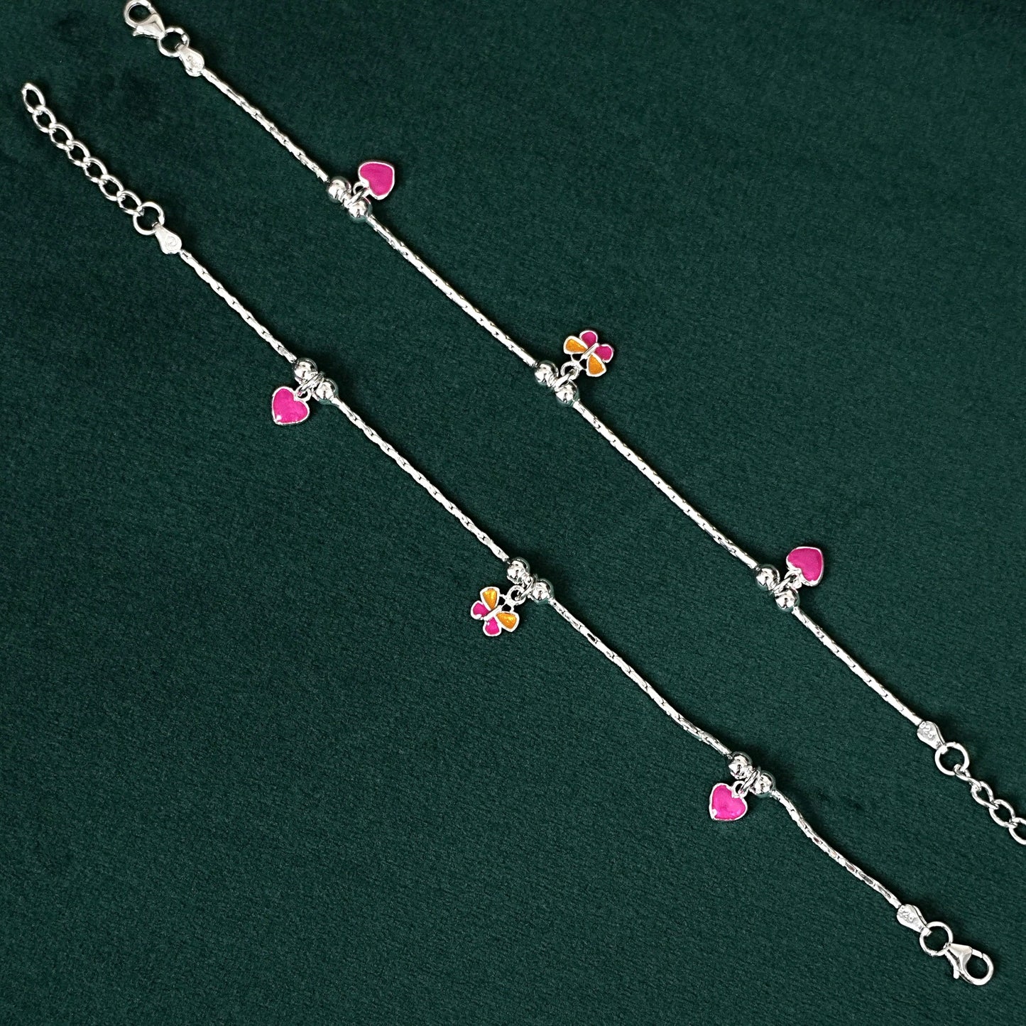 Sterling Silver Kids Anklet Pair – Heart & Flower Charm Design
