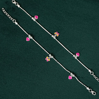 Sterling Silver Kids Anklet Pair – Heart & Flower Charm Design