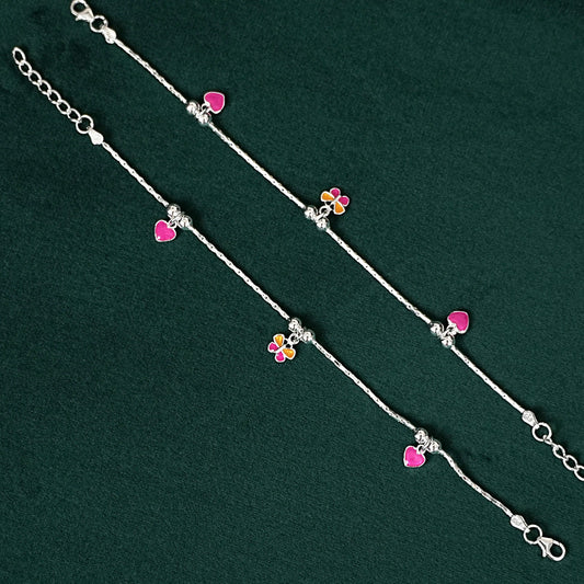 Sterling Silver Kids Anklet Pair – Heart & Flower Charm Design