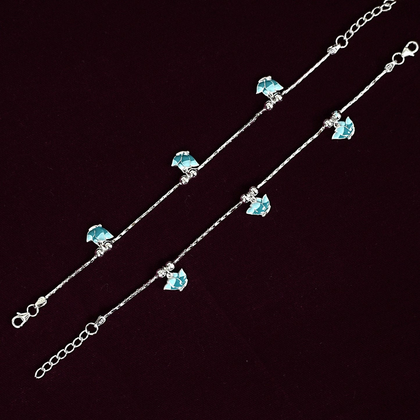 Sterling Silver Kids Anklet Pair – Blue Lotus Floral Charm Design
