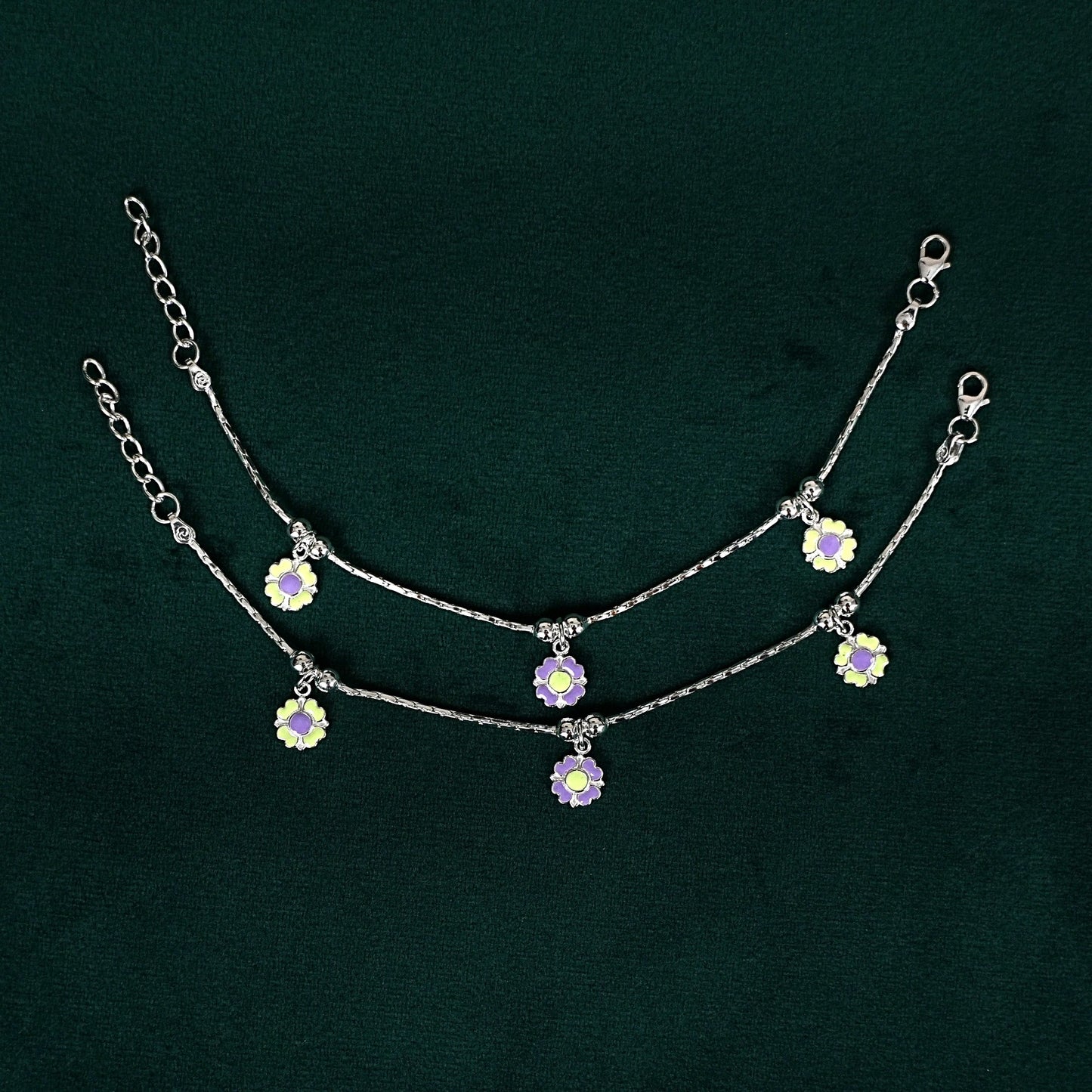 Sterling Silver Kids Anklet Pair – Purple & Green Floral Charm Design