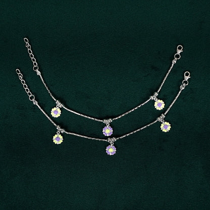 Sterling Silver Kids Anklet Pair – Purple & Green Floral Charm Design
