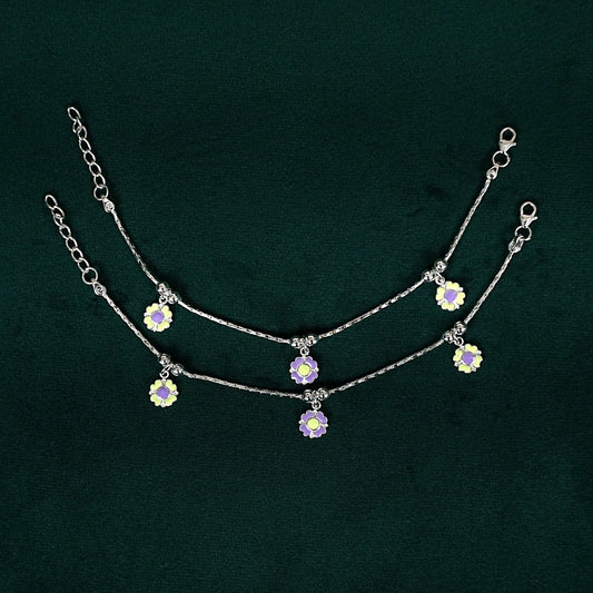 Sterling Silver Kids Anklet Pair – Purple & Green Floral Charm Design