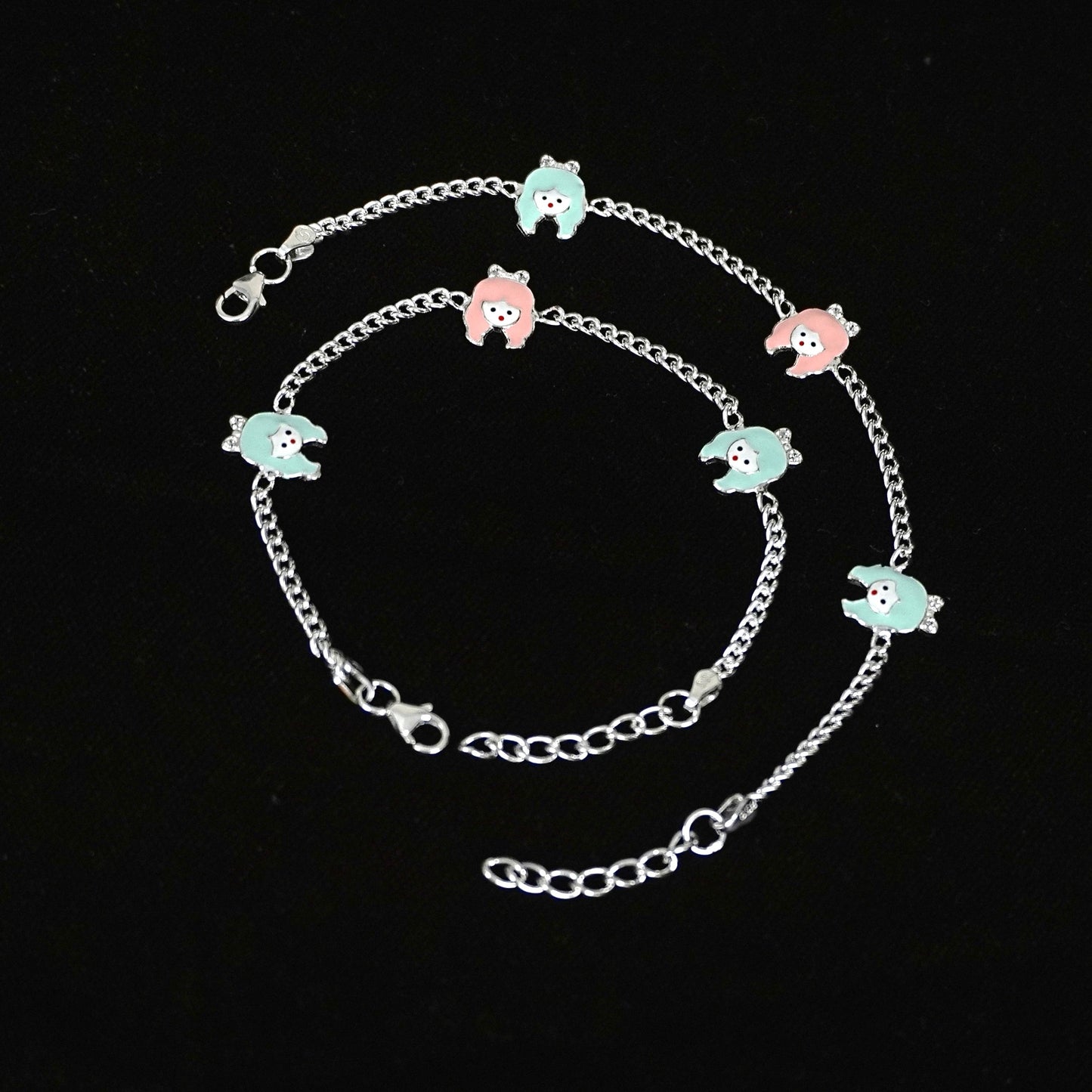 Sterling Silver Kids Anklet Pair – Pastel Bear Charm Design
