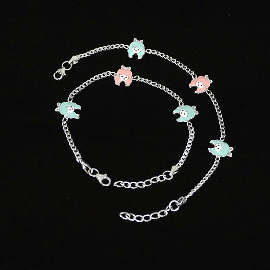 Sterling Silver Kids Anklet Pair – Pastel Bear Charm Design