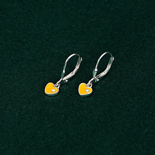 Sterling Silver Kids Earrings – Orange Heart Charm with CZ