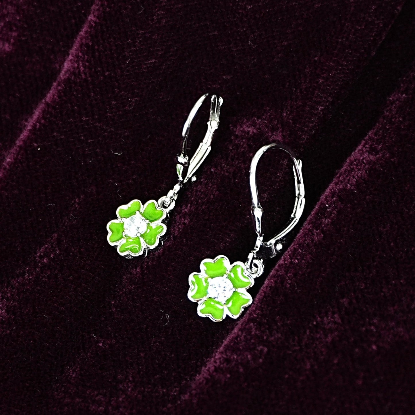 Sterling Silver Kids Earrings – Green Clover Charm with CZ