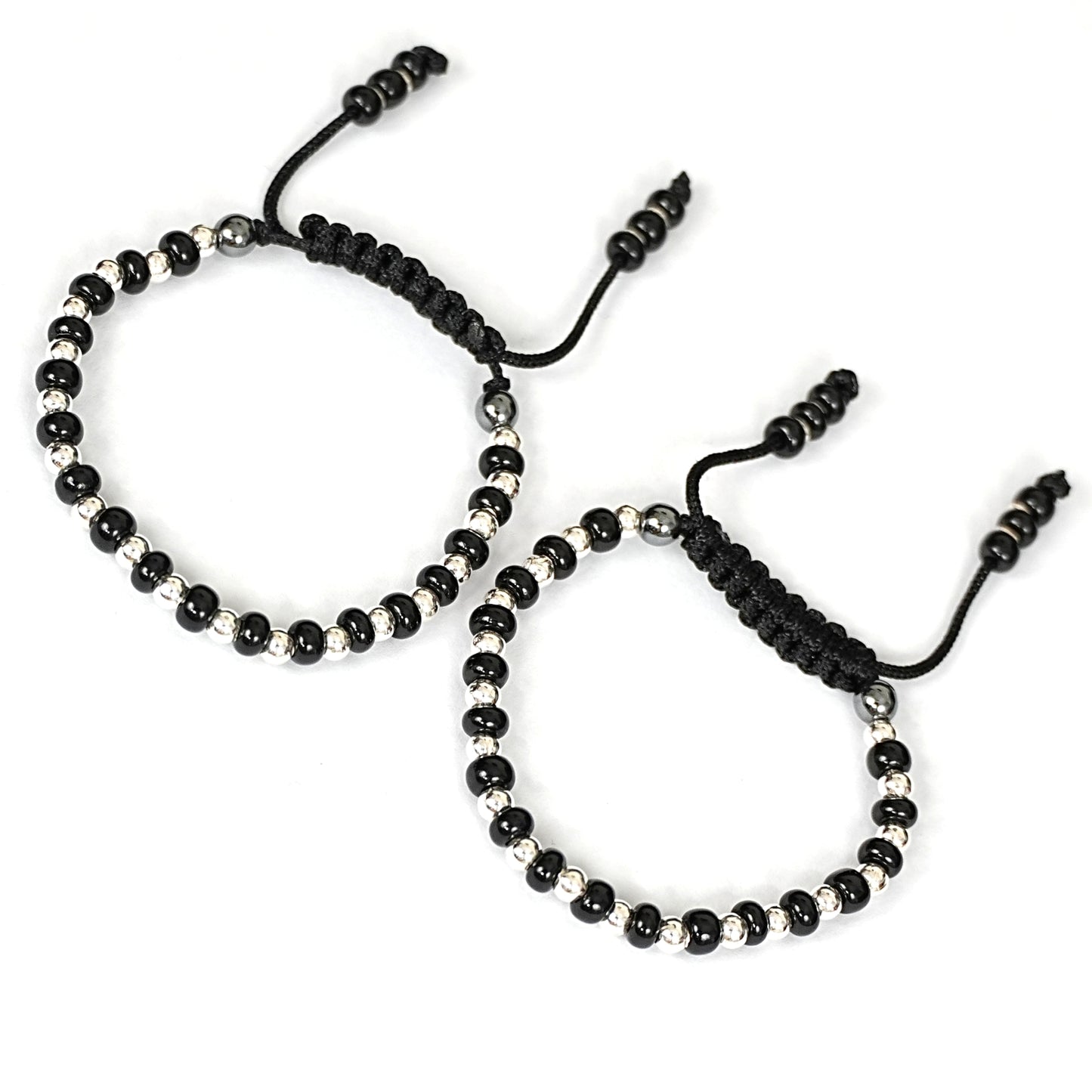Sterling Silver Kids Bracelet Pair – Black & Silver Beaded Design