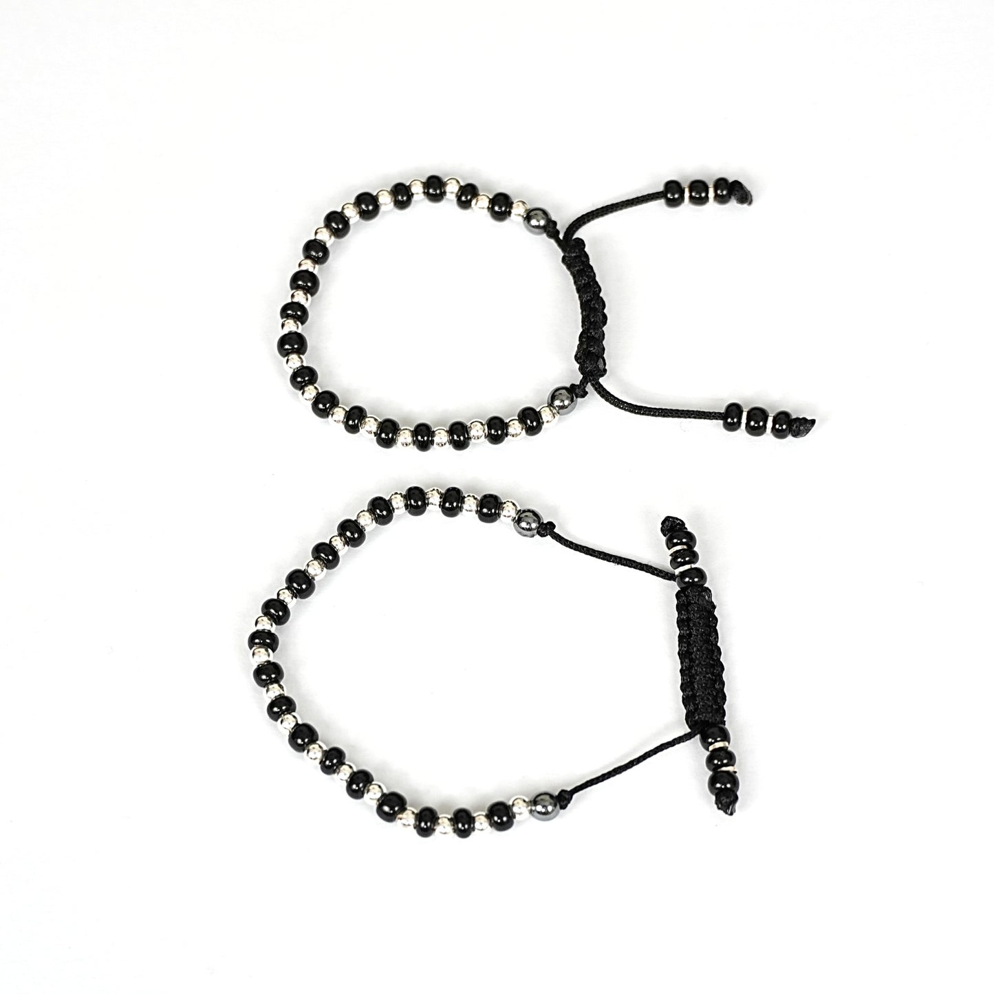 Sterling Silver Kids Bracelet Pair – Black & Silver Beaded Design