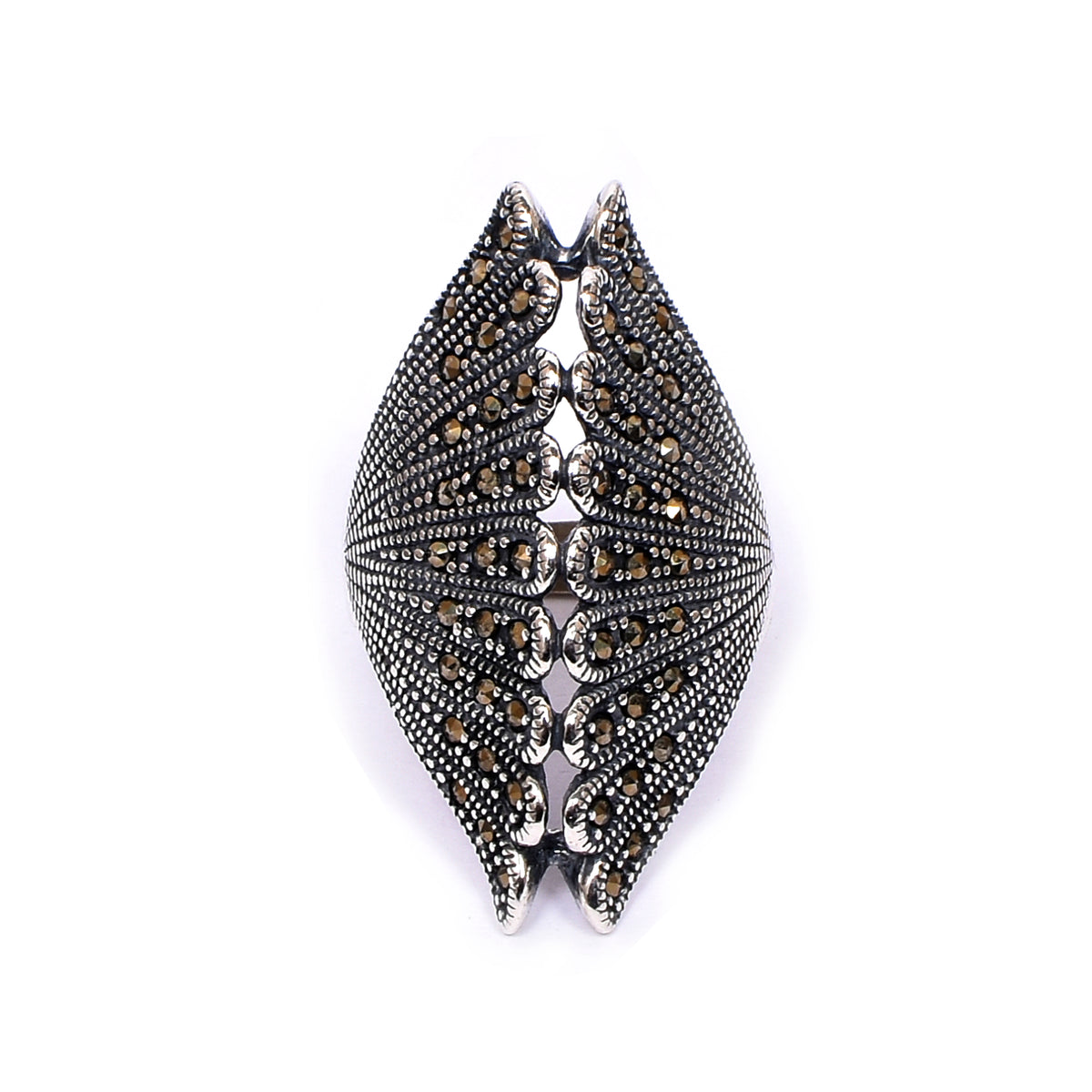 Women’s Silver Ring – Fan Motif with Marcasite Accents (Size 14)