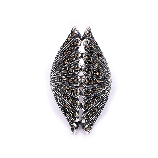 Women’s Silver Ring – Fan Motif with Marcasite Accents (Size 14)