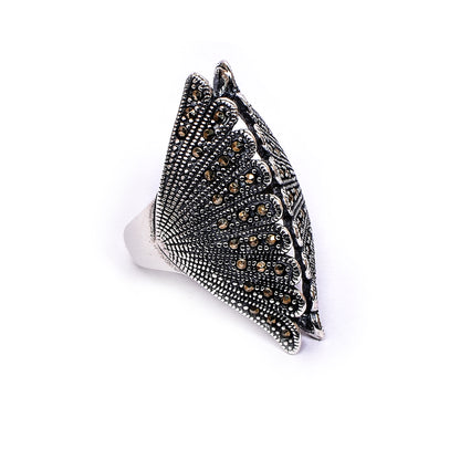 Women’s Silver Ring – Fan Motif with Marcasite Accents (Size 14)