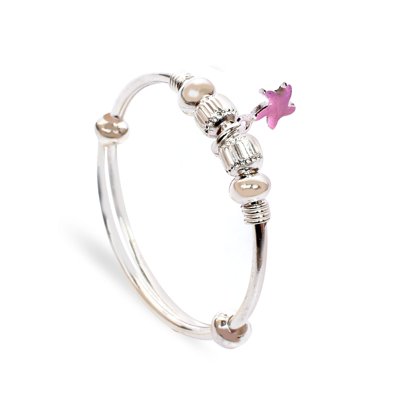 Kids Silver Kada – Pink Starfish Charm Design (Standard Size)