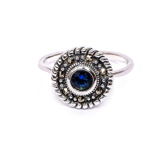 Women’s Silver Ring – Blue Gemstone with Ornamental Beaded Frame (Size 13)