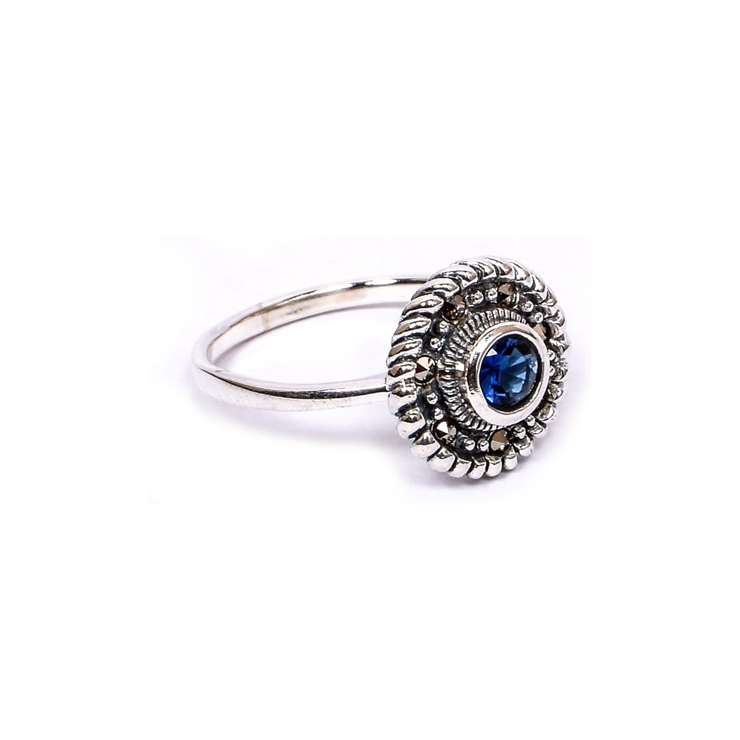 Women’s Silver Ring – Blue Gemstone with Ornamental Beaded Frame (Size 13)