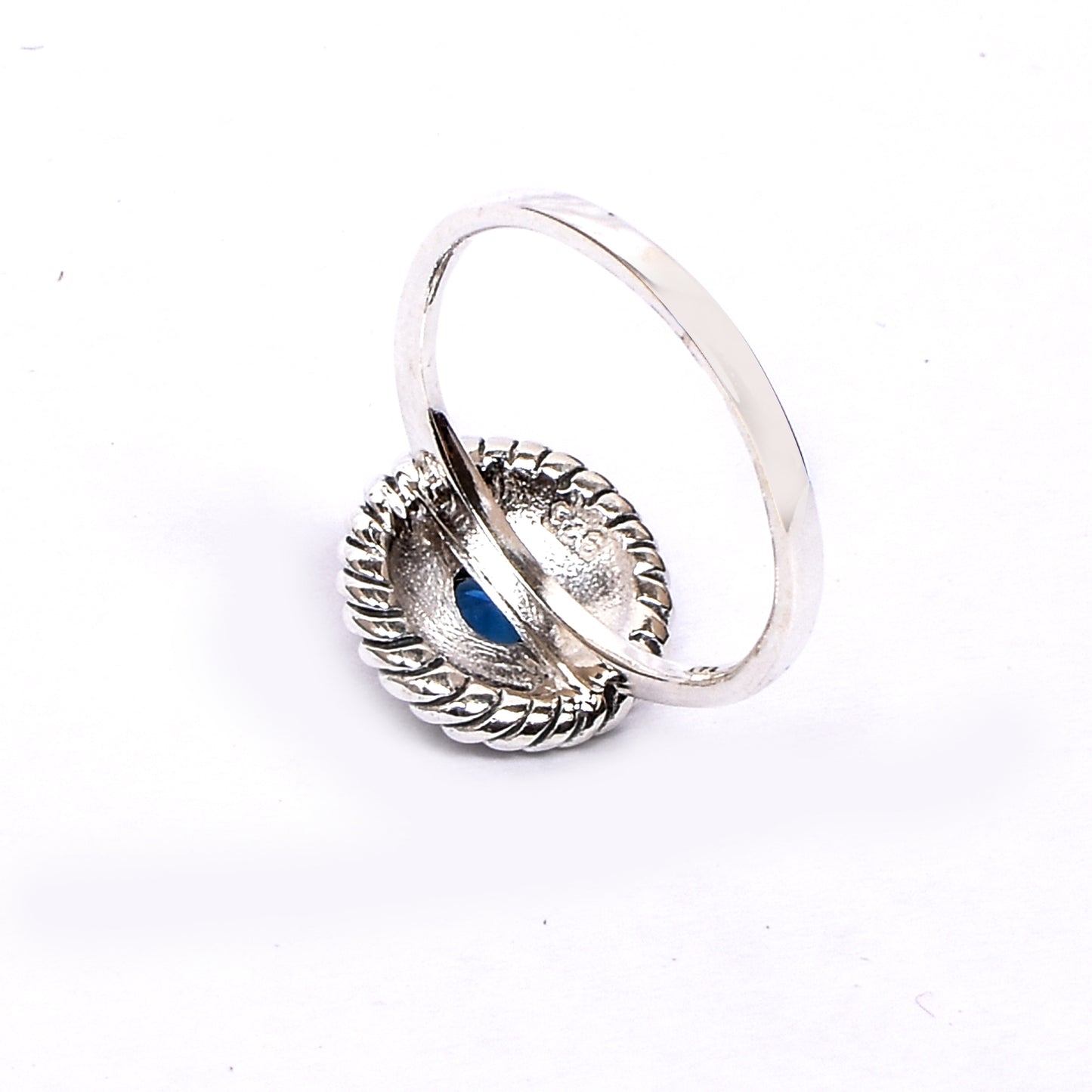 Women’s Silver Ring – Blue Gemstone with Ornamental Beaded Frame (Size 13)