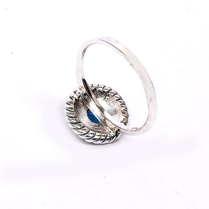 Women’s Silver Ring – Blue Gemstone with Ornamental Beaded Frame (Size 13)