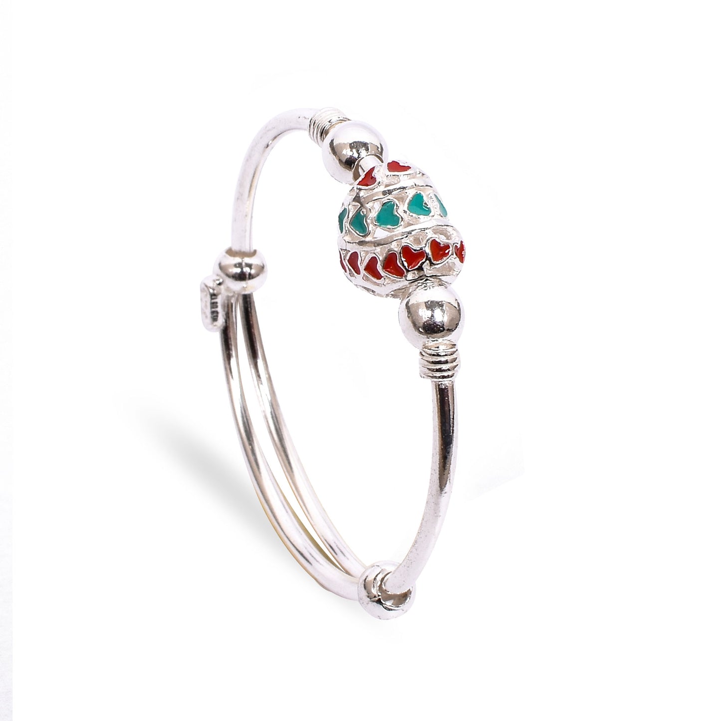 Kids Silver Kada – Red & Turquoise Heart Bead Design (Standard Size)