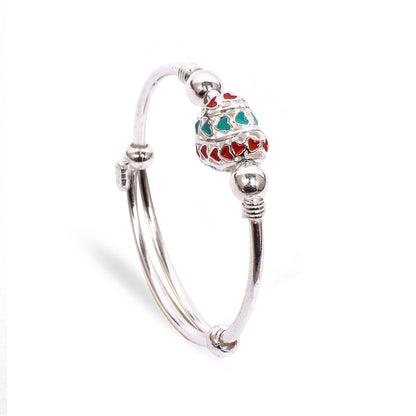 Kids Silver Kada – Red & Turquoise Heart Bead Design (Standard Size)