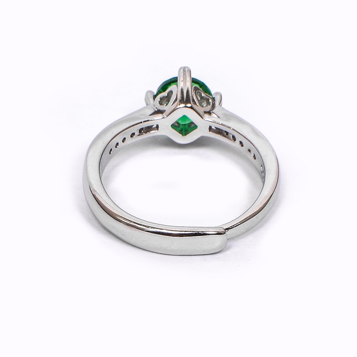 Women’s Silver Ring – Green Solitaire with Pavé Band (Adjustable Size)