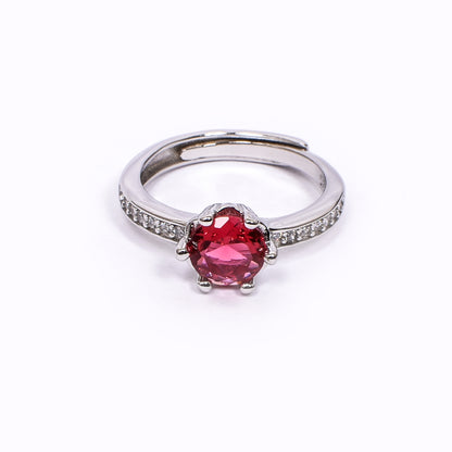 Women’s Silver Ring – Red Solitaire with Pavé Band (Adjustable Size)