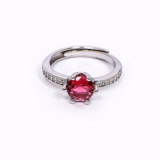 Women’s Silver Ring – Red Solitaire with Pavé Band (Adjustable Size)