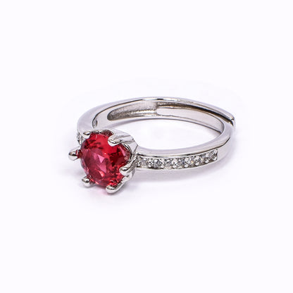 Women’s Silver Ring – Red Solitaire with Pavé Band (Adjustable Size)