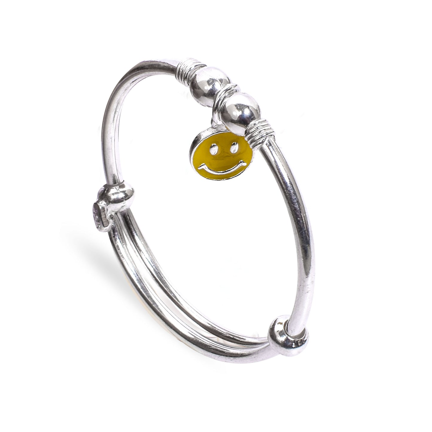 Kids Silver Kada – Yellow Smiley Charm Design (Standard Size)