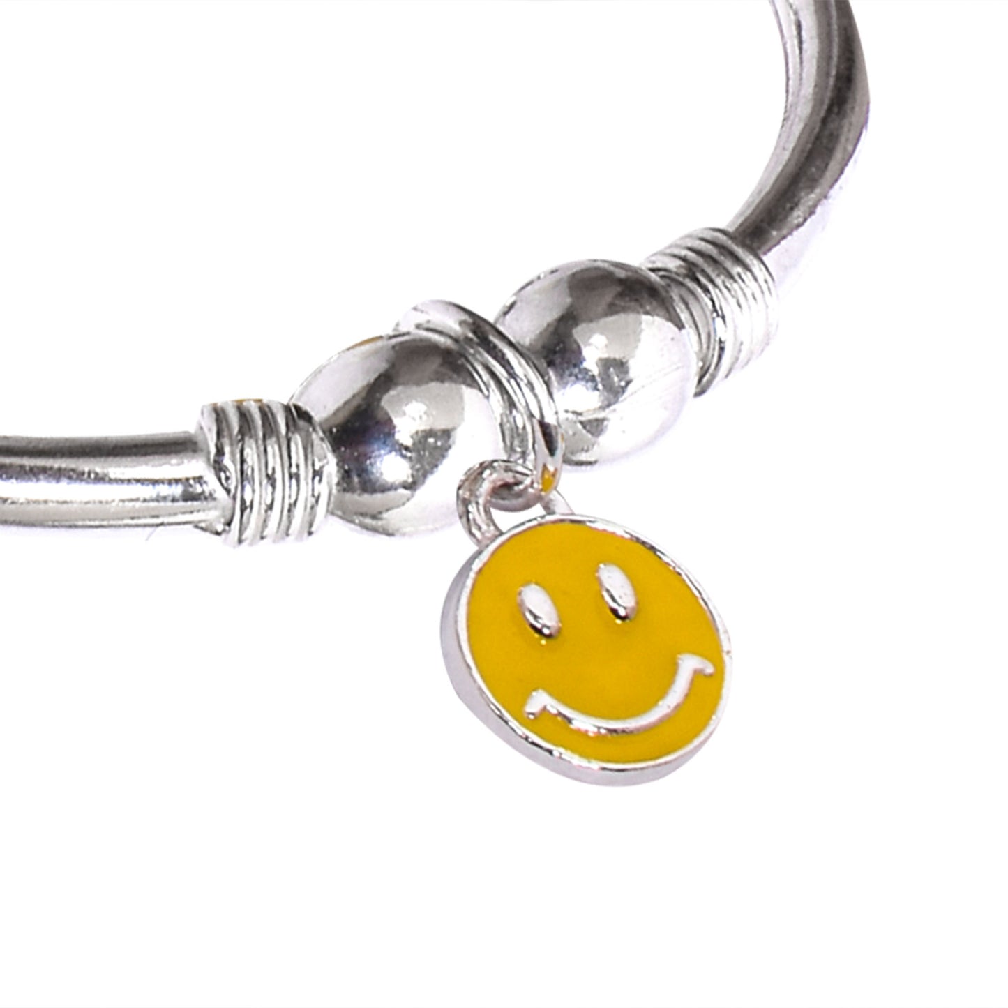 Kids Silver Kada – Yellow Smiley Charm Design (Standard Size)