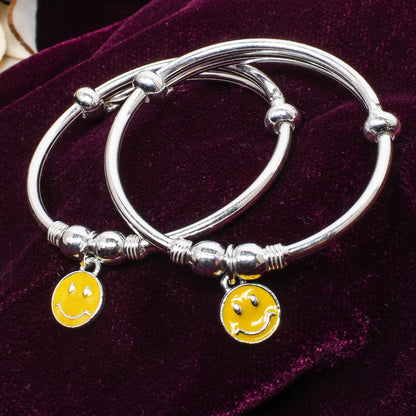 Kids Silver Kada – Yellow Smiley Charm Design (Standard Size)