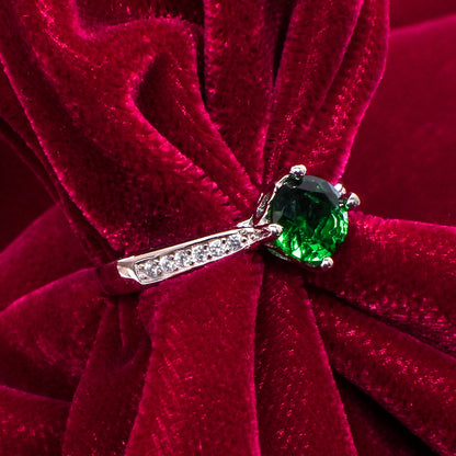 Women’s Silver Ring – Green Solitaire with Pavé Band (Adjustable Size)
