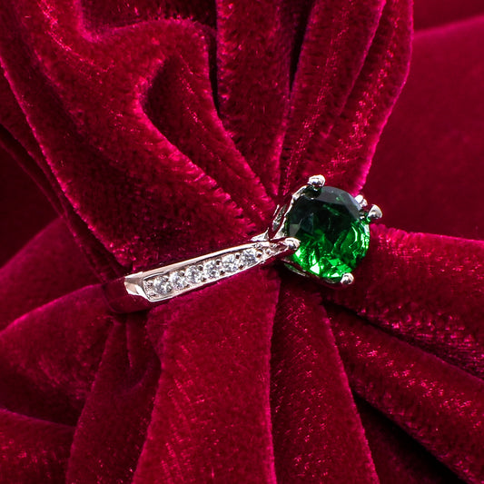 Women’s Silver Ring – Green Solitaire with Pavé Band (Adjustable Size)