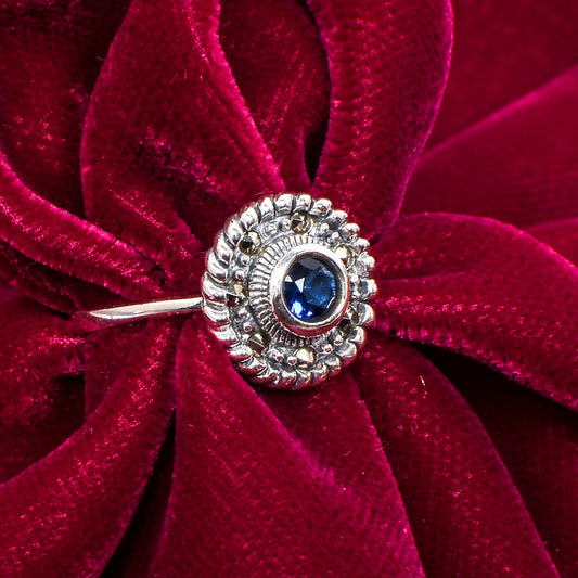 Women’s Silver Ring – Blue Gemstone with Ornamental Beaded Frame (Size 13)