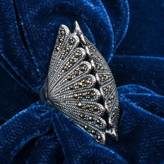 Women’s Silver Ring – Fan Motif with Marcasite Accents (Size 14)
