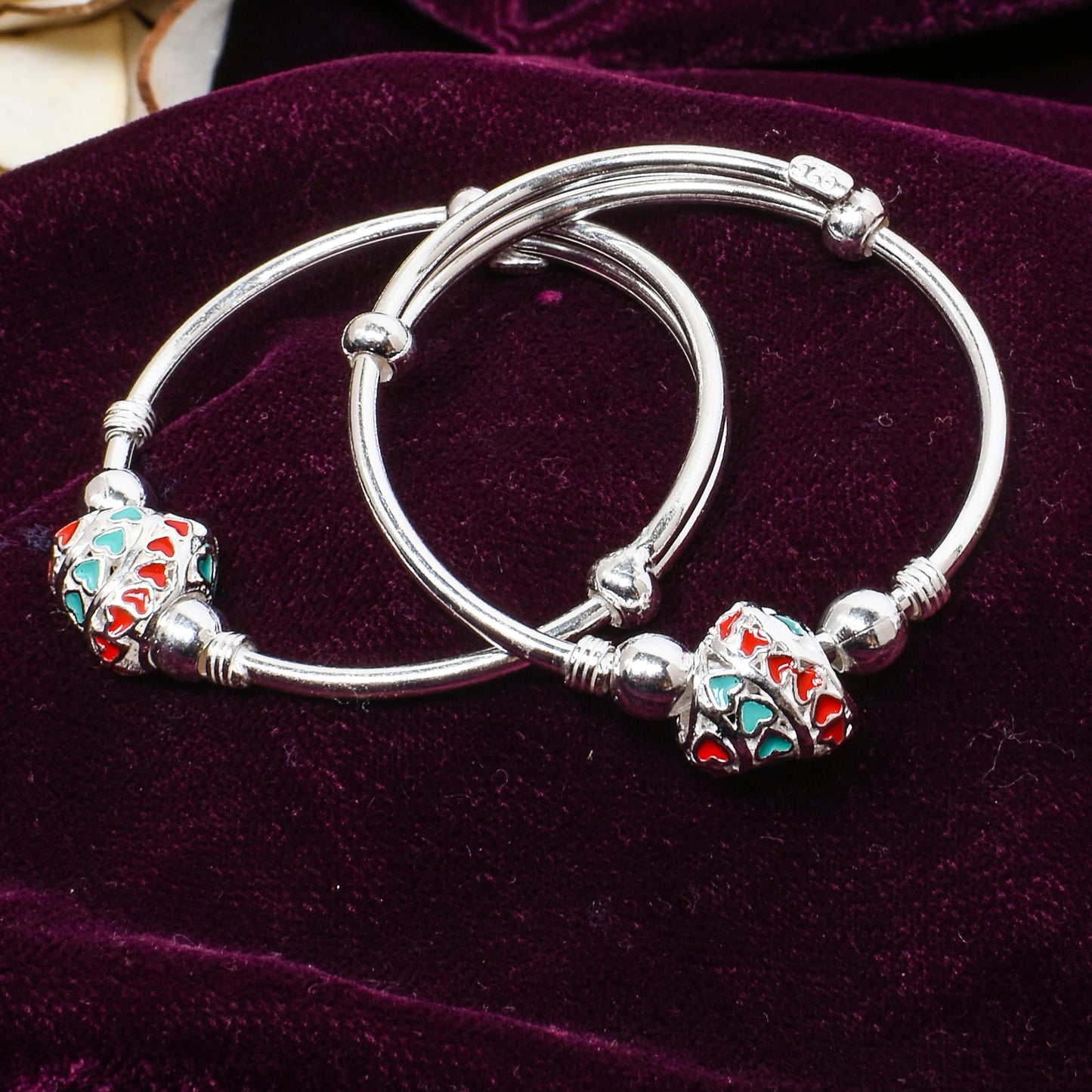Kids Silver Kada – Red & Turquoise Heart Bead Design (Standard Size)