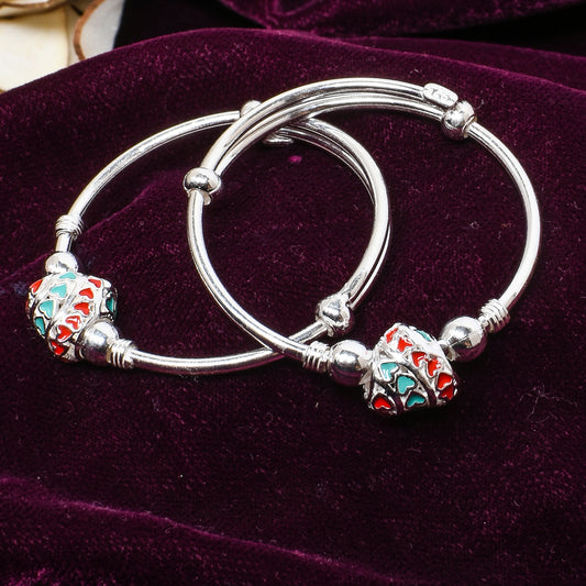 Kids Silver Kada – Red & Turquoise Heart Bead Design (Standard Size)