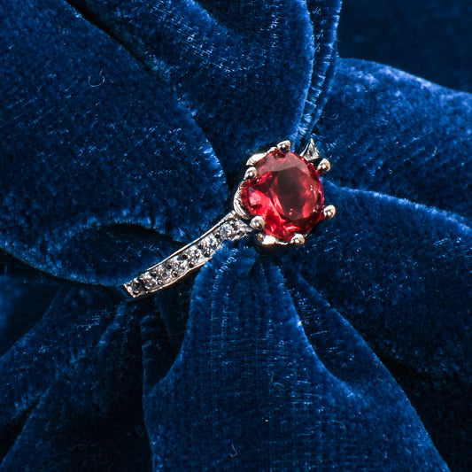 Women’s Silver Ring – Red Solitaire with Pavé Band (Adjustable Size)