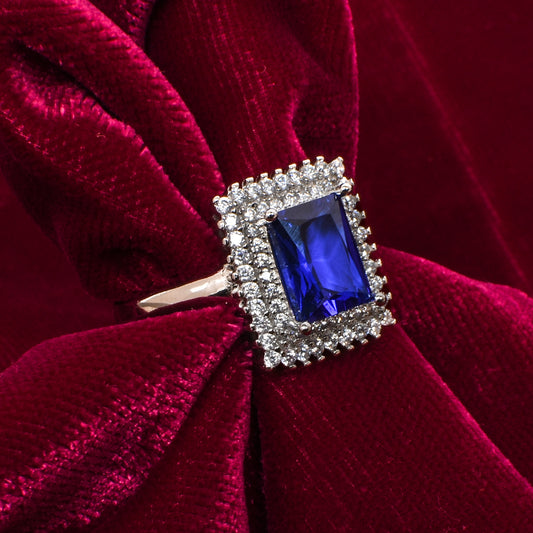 Women’s Silver Ring – Sapphire Blue Gemstone with Double Halo (Size 14)