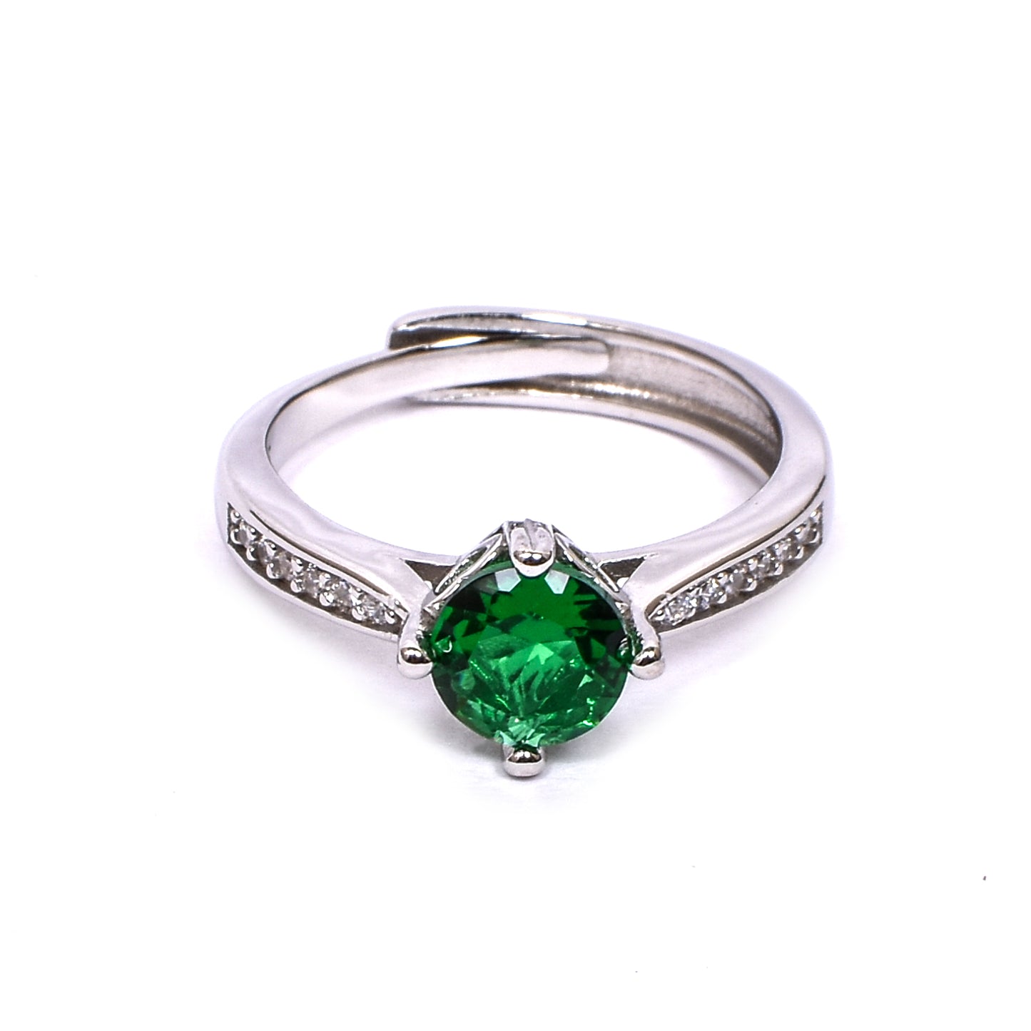 Women’s Silver Ring – Green Solitaire with Pavé Band (Adjustable Size)