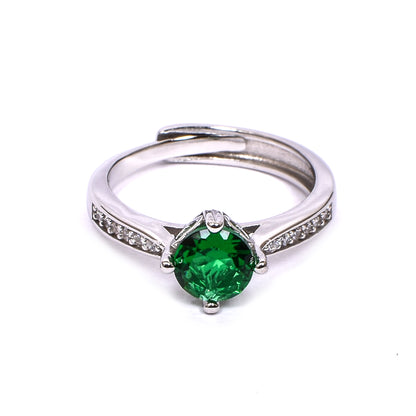 Women’s Silver Ring – Green Solitaire with Pavé Band (Adjustable Size)