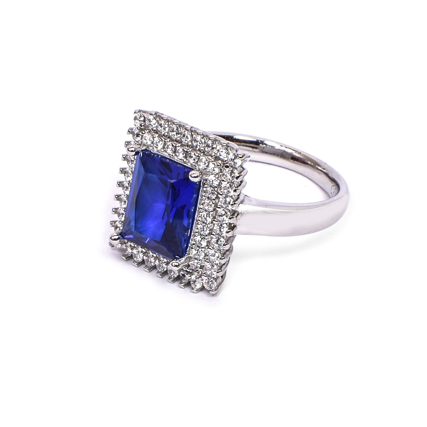 Women’s Silver Ring – Sapphire Blue Gemstone with Double Halo (Size 14)