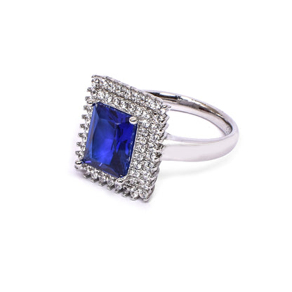 Women’s Silver Ring – Sapphire Blue Gemstone with Double Halo (Size 14)