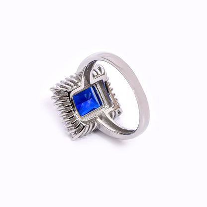 Women’s Silver Ring – Sapphire Blue Gemstone with Double Halo (Size 14)