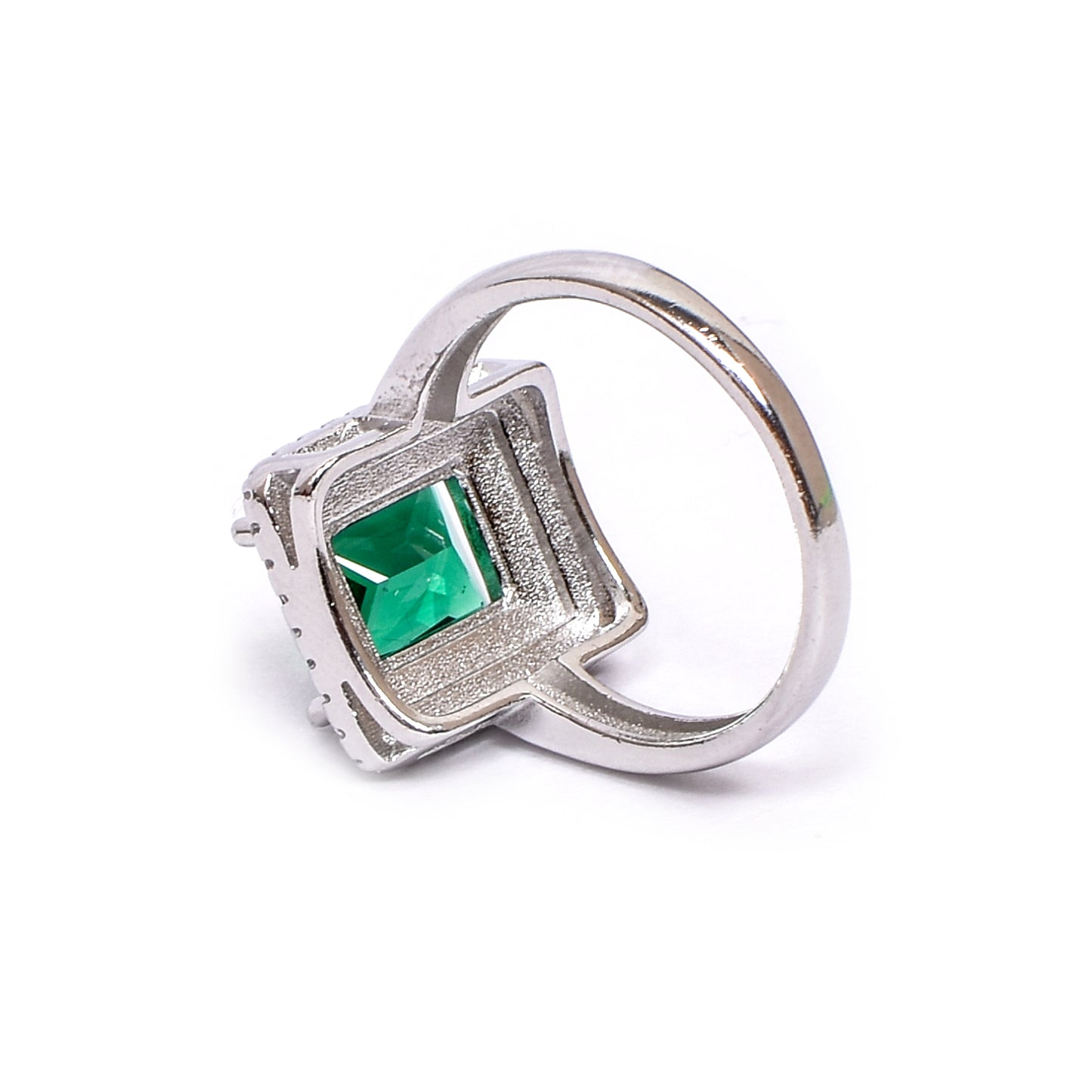 Women’s Silver Ring – Emerald-Cut Green Gemstone with Double Halo (Size 13)