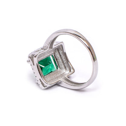 Women’s Silver Ring – Emerald-Cut Green Gemstone with Double Halo (Size 13)