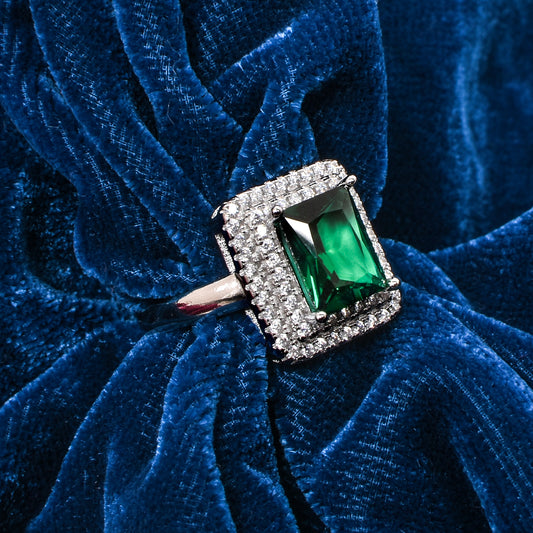 Women’s Silver Ring – Emerald-Cut Green Gemstone with Double Halo (Size 13)